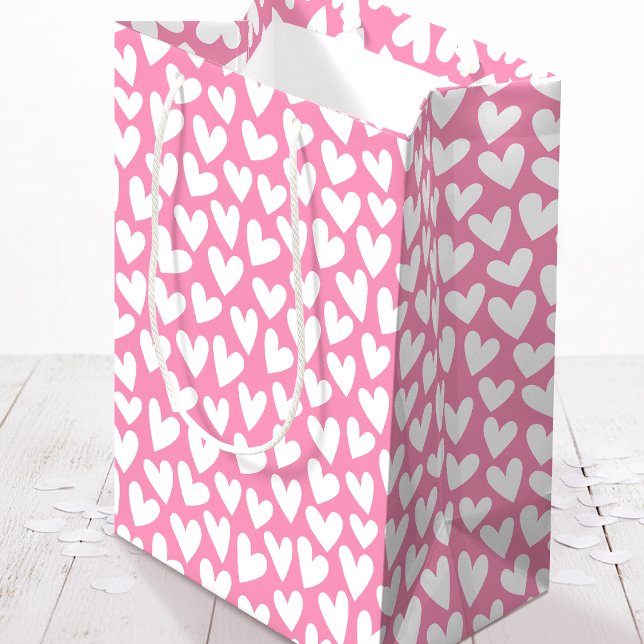 Sacola Para Presentes Média Pretty Love Heart Pattern Pink White Valentine (Criador carregado)