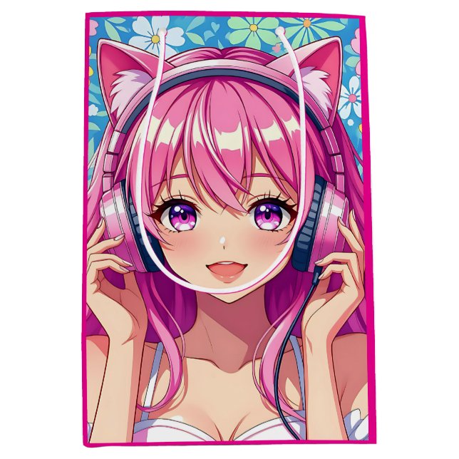 Sacola Para Presentes Média Pretty Pink Anime Girl's Birthday Party (Frente)