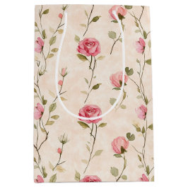 Sacola Para Presentes Média Pretty Pink Cream Roses Floral Bridal Shower