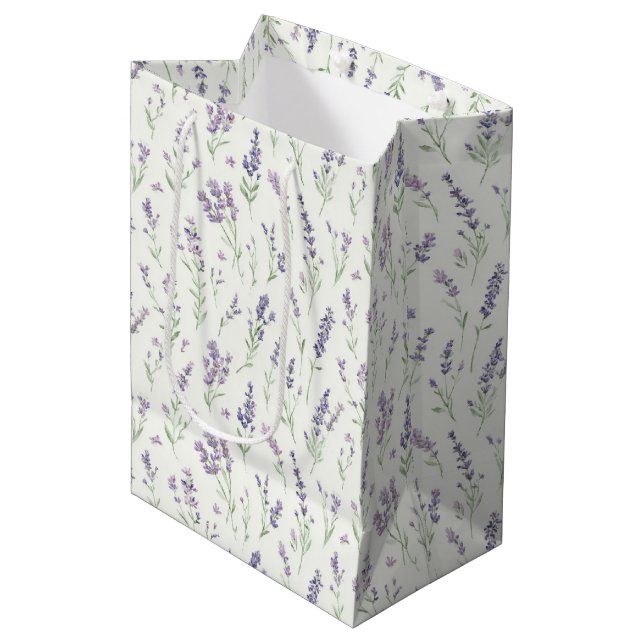 Sacola Para Presentes Média Pretty White Lavender Flowers Bridal Shower   (Frente inclinada)