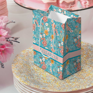 Sacola Para Presentes Média Primavera Garden Turquoise Cherry Blossomes e Stri