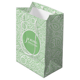 Sacola Para Presentes Média Primavera verde e branco paisley Damask