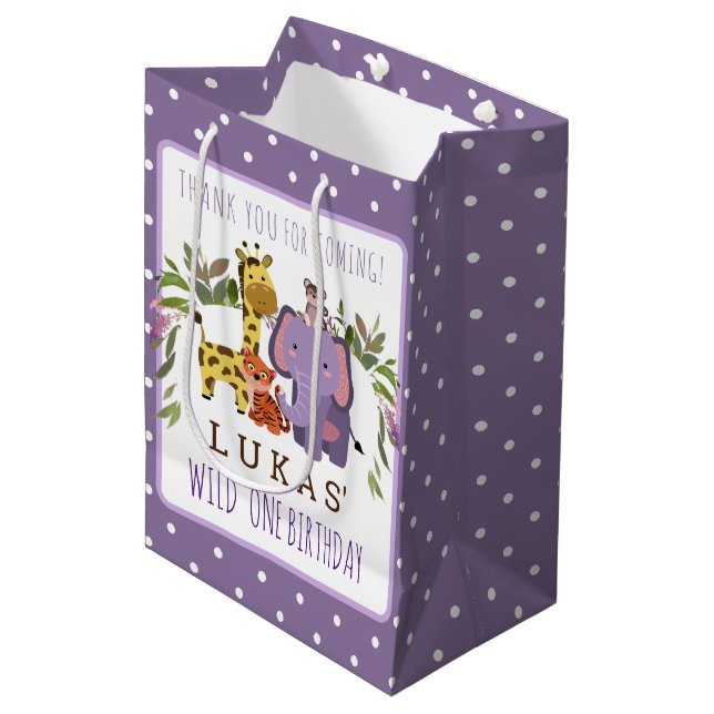 Sacola Para Presentes Média Primeiro aniversario Animal Safari Selvagem (Frente inclinada)