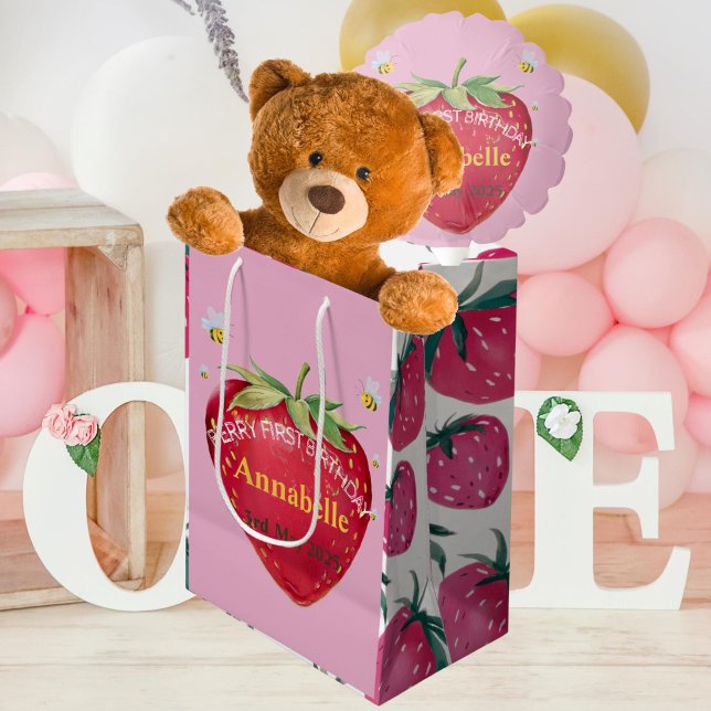 Sacola Para Presentes Média Primeiro aniversário Bebê 1rua Morango (Criador carregado)