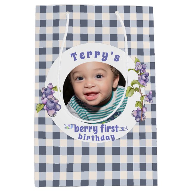 Sacola Para Presentes Média Primeiro Aniversário de Blueberry Berry (Frente)