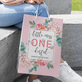 Sacola Para Presentes Média Primeiro Aniversário Floral Rosa