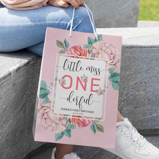 Sacola Para Presentes Média Primeiro Aniversário Floral Rosa (Criador carregado)
