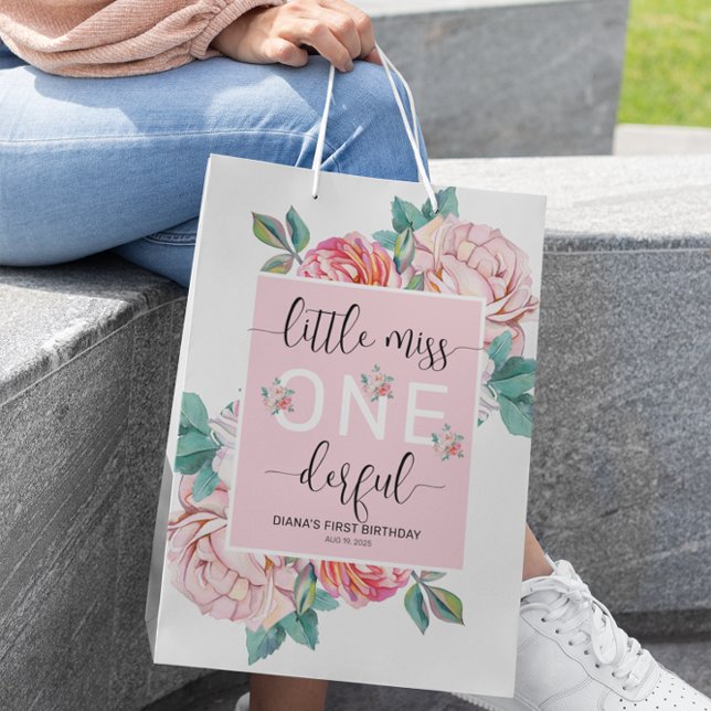 Sacola Para Presentes Média Primeiro Aniversário Floral Rosa (Criador carregado)