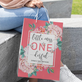 Sacola Para Presentes Média Primeiro Aniversário Floral Rosa