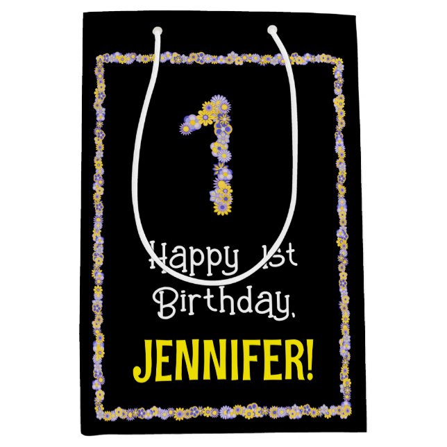 Sacola Para Presentes Média primeiro aniversario: Número de Flores Florais, No (Frente)