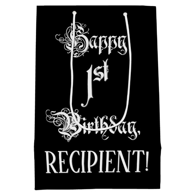 Sacola Para Presentes Média primeiro aniversario: Rico, Script Elegante + Nome (Verso)