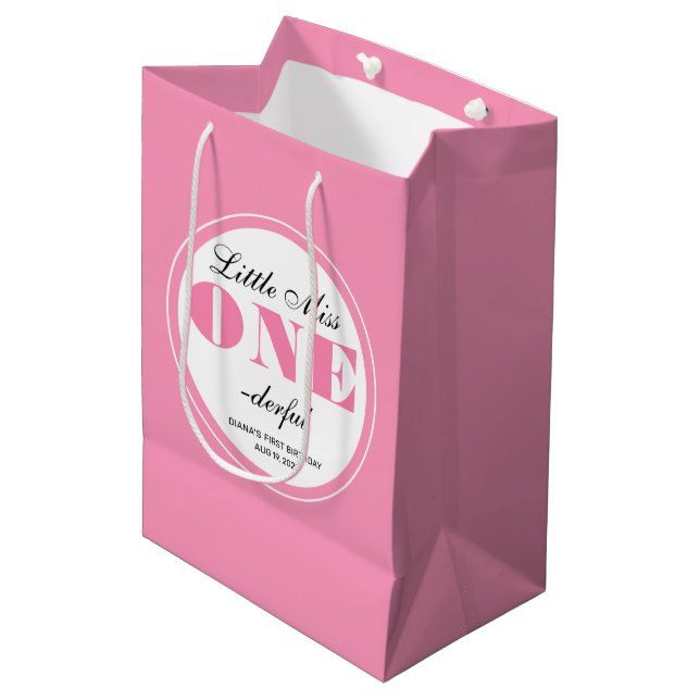 Sacola Para Presentes Média Primeiro Aniversário Rosa (Frente inclinada)