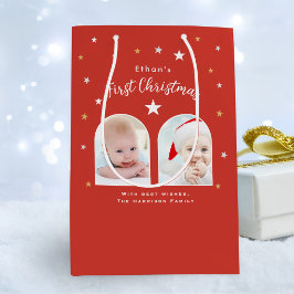 Sacola Para Presentes Média Primeiro Natal do Bebê 2 Foto Vermelho Personaliza