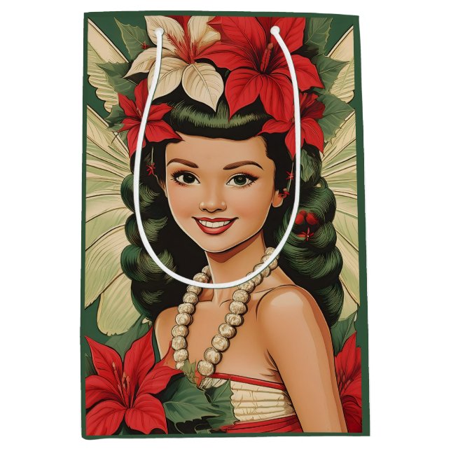 Sacola Para Presentes Média Princesa de Natal Tropical de Retro (Frente)