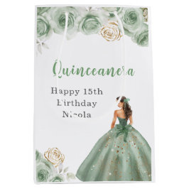 Sacola Para Presentes Média Princesa em uma Quinceanera Verde Sage