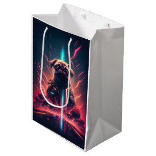 Sacola Para Presentes Média Pug Adorável com Fantasia de Robô Futurista