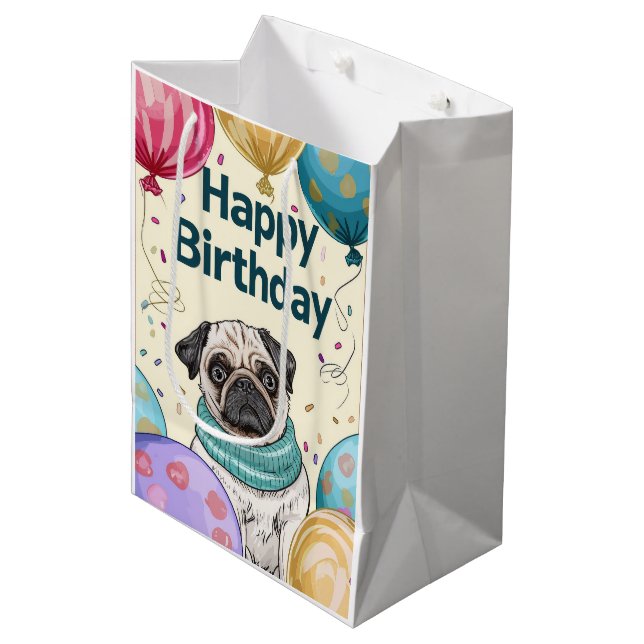 Sacola Para Presentes Média Pug Happy Birthday (Frente inclinada)