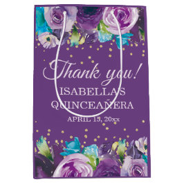 Sacola Para Presentes Média Purple Blue Floral Dourada Quinceañera Obrigado