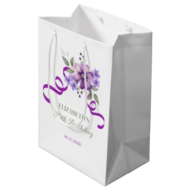Sacola Para Presentes Média Purple Flower Greenery Ribbon Birthday (Verso inclinado)