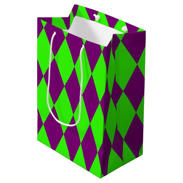 Sacola Para Presentes Média Purple Green Harlequin Checkered Design  (Criador carregado)
