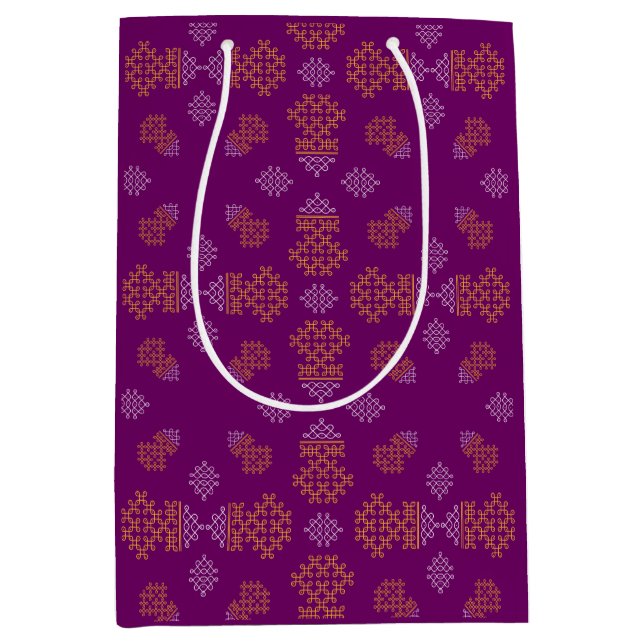 Sacola Para Presentes Média Purple Minimal Tamil Kolam Pongal Design (Frente)