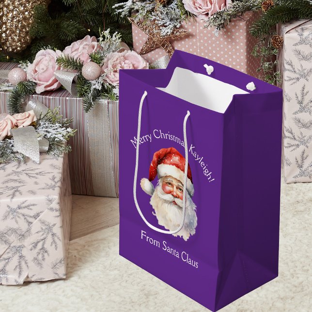 Sacola Para Presentes Média Purple Santa Claus Personalized Christmas (Criador carregado)