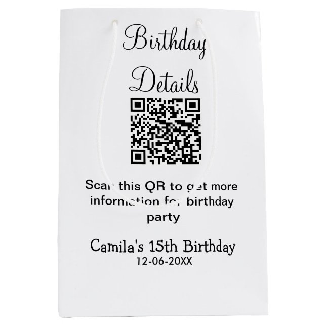 Sacola Para Presentes Média QR código de detalhes da festa de aniversário mode (Frente)