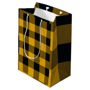 Sacola Para Presentes Média Quadrados Xadrez Amarelo e Preto Buffalo Plaid