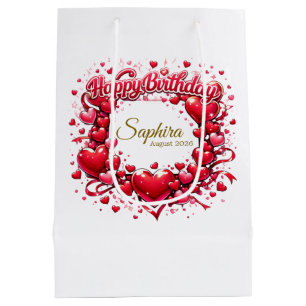 Sacola Para Presentes Média Quadro de Coração de Aniversário, [Seu Nome]! (Per