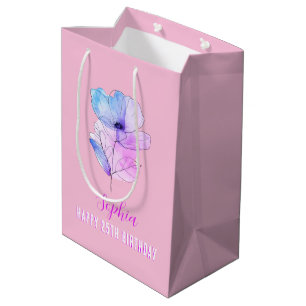 Sacola Para Presentes Média Qualquer Aniversário, Nome, Cor de Água Rosa e Azu