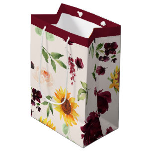 Sacola Para Presentes Média Queda Girassóis e Chás de panela de Rosa Borgonha