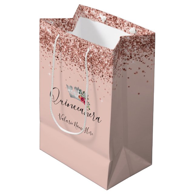 Sacola Para Presentes Média Quinceanera bonito Glitter Rosa (Frente inclinada)