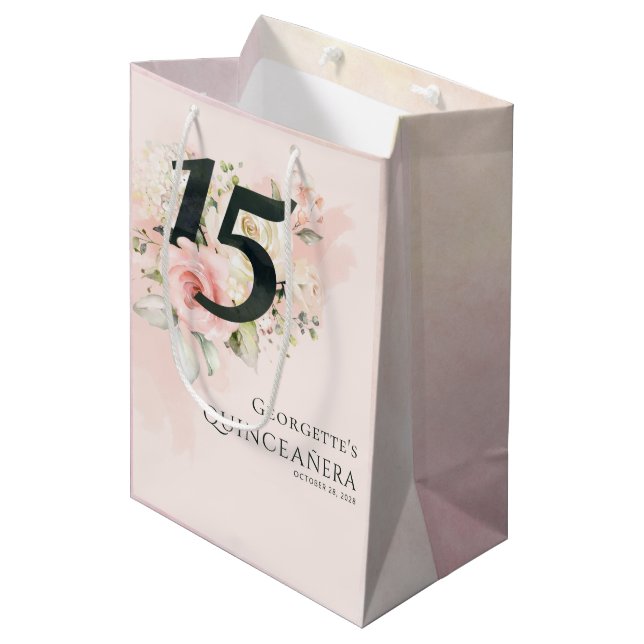 Sacola Para Presentes Média Quinceanera Floral 15 de Aniversário Verde Rosa (Frente inclinada)