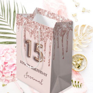 Sacola Para Presentes Média Quinceanera pincelada cor-de-rosa pinga rosa ouro