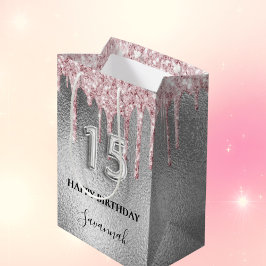 Sacola Para Presentes Média Quinceanera, relva prateada, goteja monograma rosa