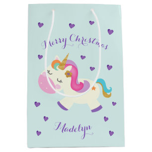 Sacola Para Presentes Média Rainbow Unicorn Natal Glitter Aqua
