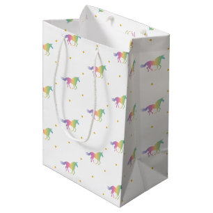 Sacola Para Presentes Média Rainbow Unicorns e Dourado padrão de estrelas