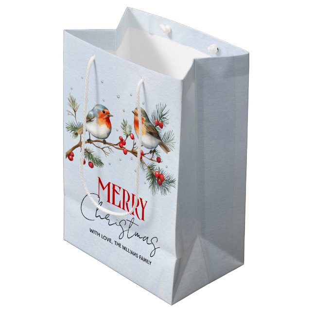 Sacola Para Presentes Média Ramo com pássaros robin e bagas Natal (Frente inclinada)