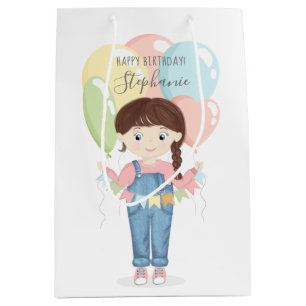 Sacola Para Presentes Média Rapariga de aniversário em Overalls Brunette