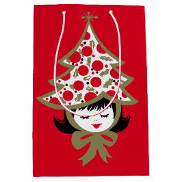 Sacola Para Presentes Média Rapariga de Natais vintages com chapéu de árvore