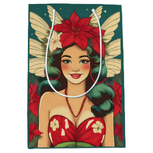 Sacola Para Presentes Média Rapariga de Natal Tropical de Retro