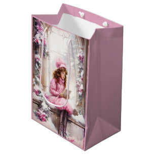 Sacola Para Presentes Média Rapariga De Vintage Rosa Lendo Num Noite De Natal