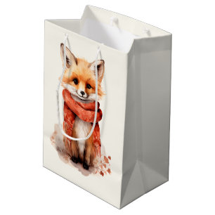 Sacola Para Presentes Média Rapariga Raposa Fofa com um Cachecol Vermelho
