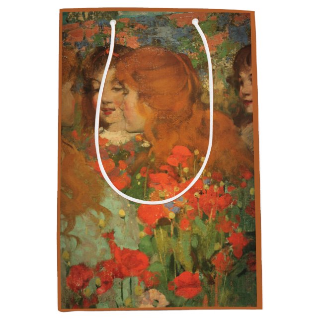 Sacola Para Presentes Média Raparigas com papagaios vermelhos (por George Henr (Frente)