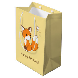 Sacola Para Presentes Média Raposa Bela Vendo Borboleta Aniversário Amarelo
