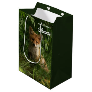 Sacola Para Presentes Média Raposa Bestiça em Floresta Verde Aniversário
