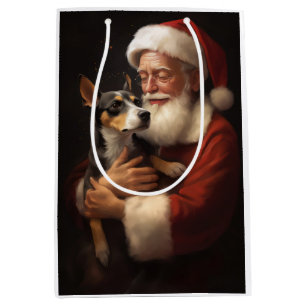 Sacola Para Presentes Média Rat Terrier com Papai Noel Natal Festivo