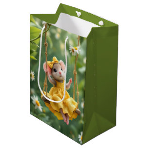 Sacola Para Presentes Média Rato de aniversariante em um balanço de jardim