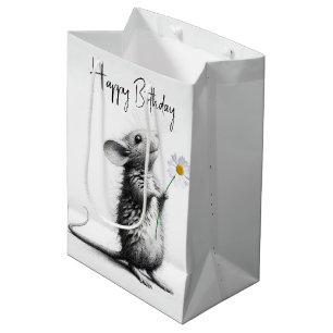 Sacola Para Presentes Média Rato de aniversário com margarida branca
