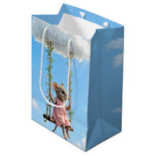 Sacola Para Presentes Média Rato de Aniversário em um Vestido Rosa em um Balan